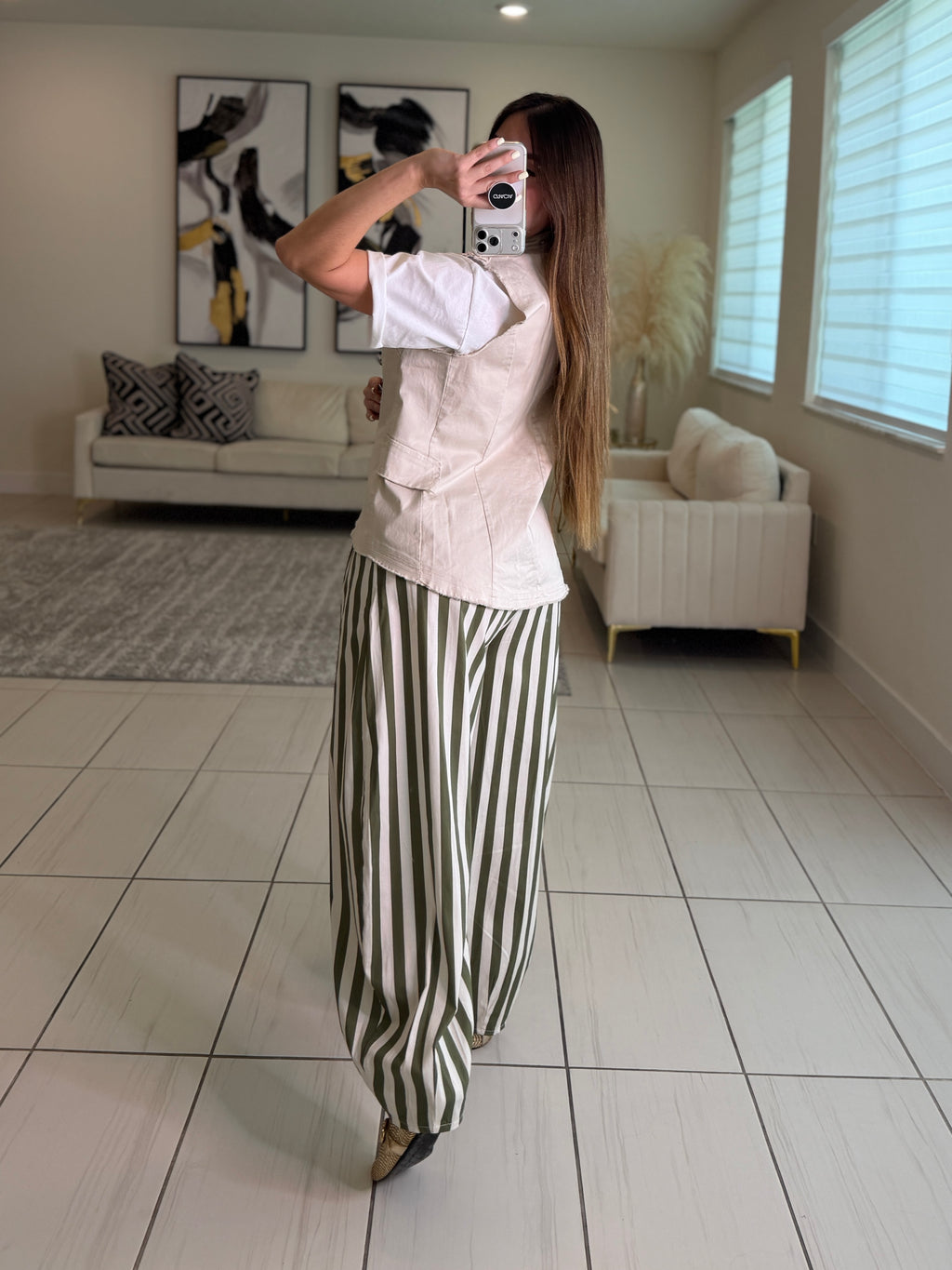 Italian Stripes Green Barrel Pants