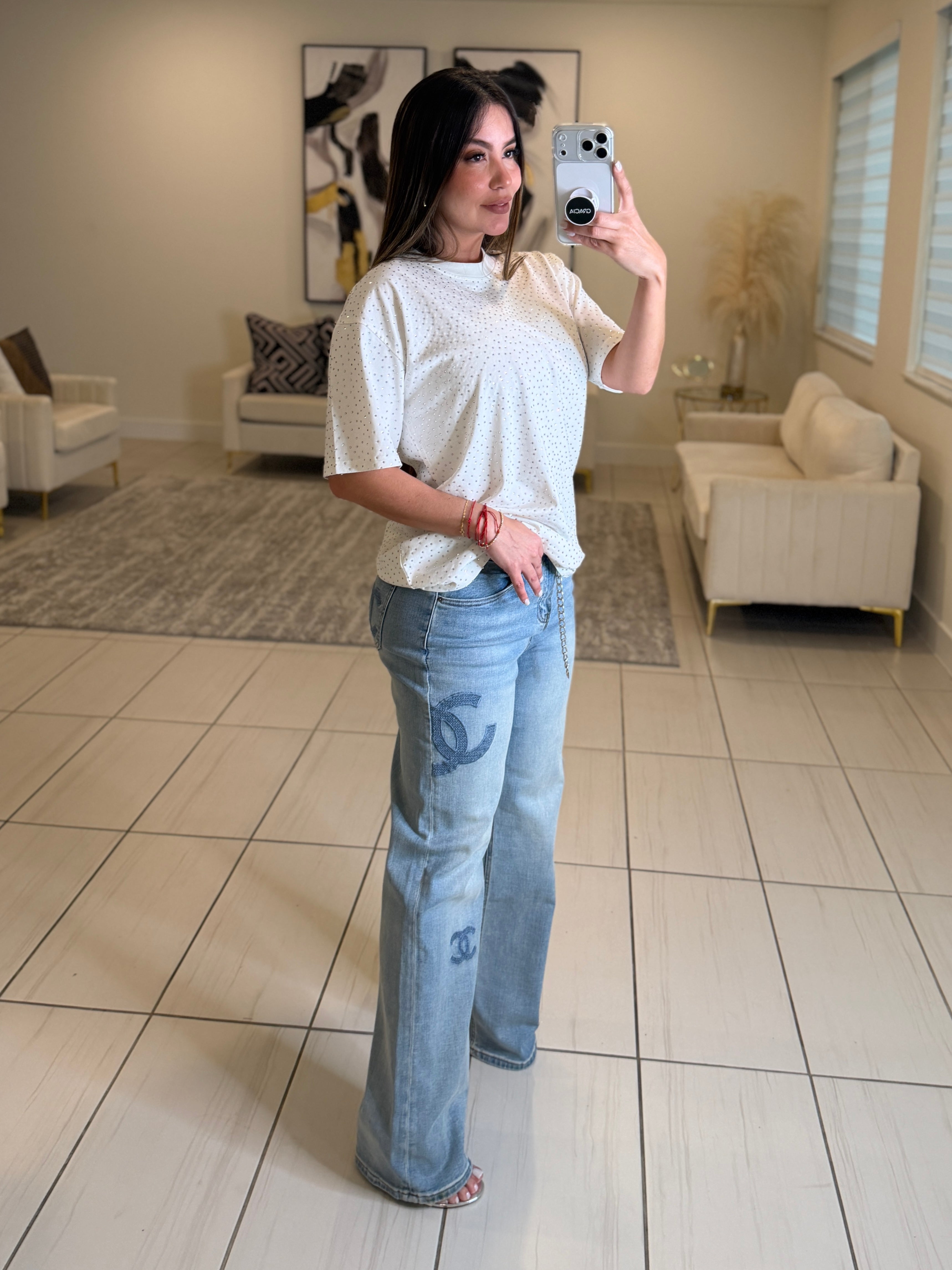 Glow Up Rhinestones White Tshirt