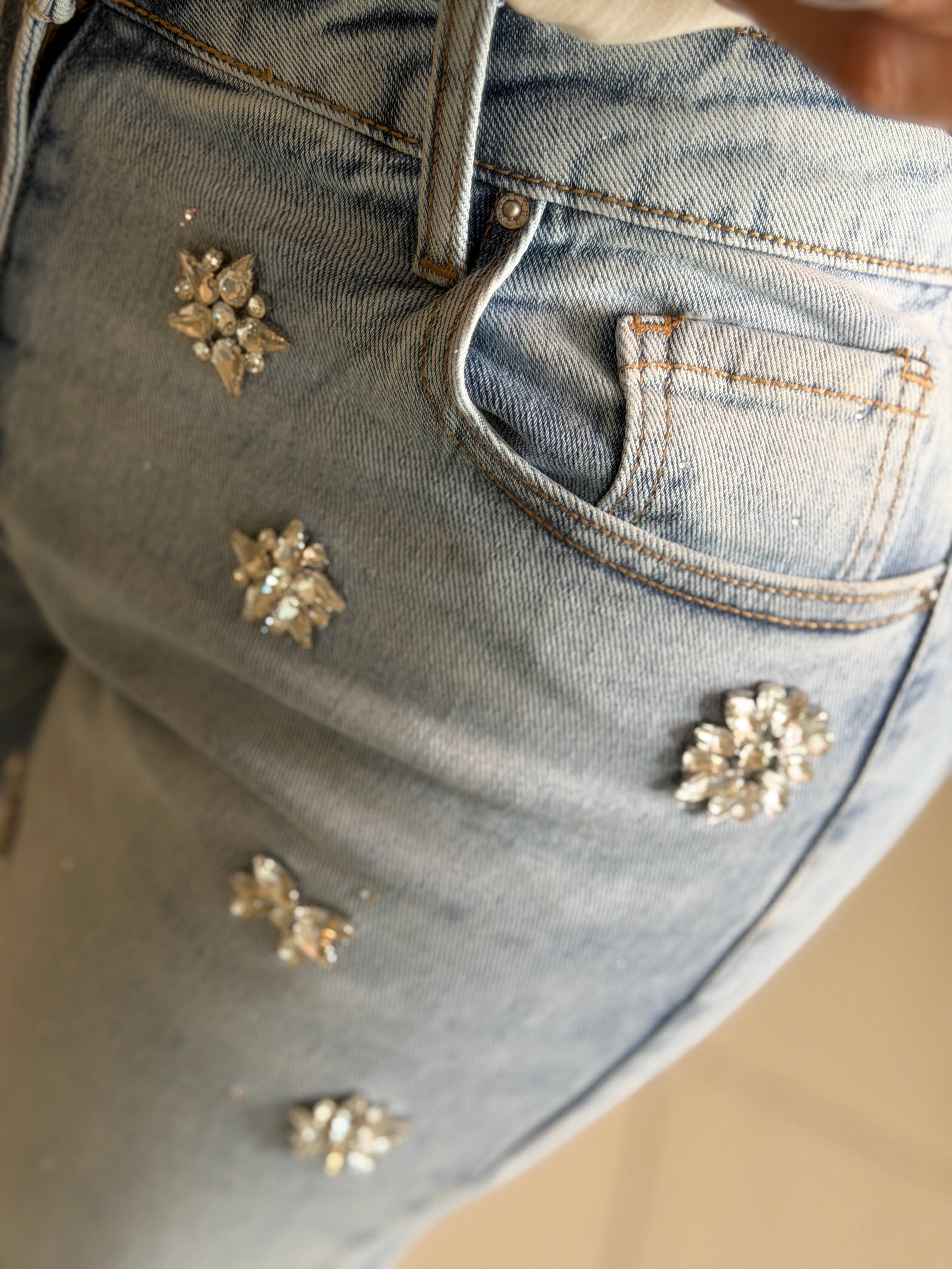 Sparkling Stones Flowers Denim Pants