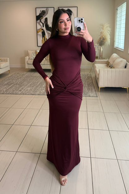 Midnight Ember Ruched Wine Maxi Dress