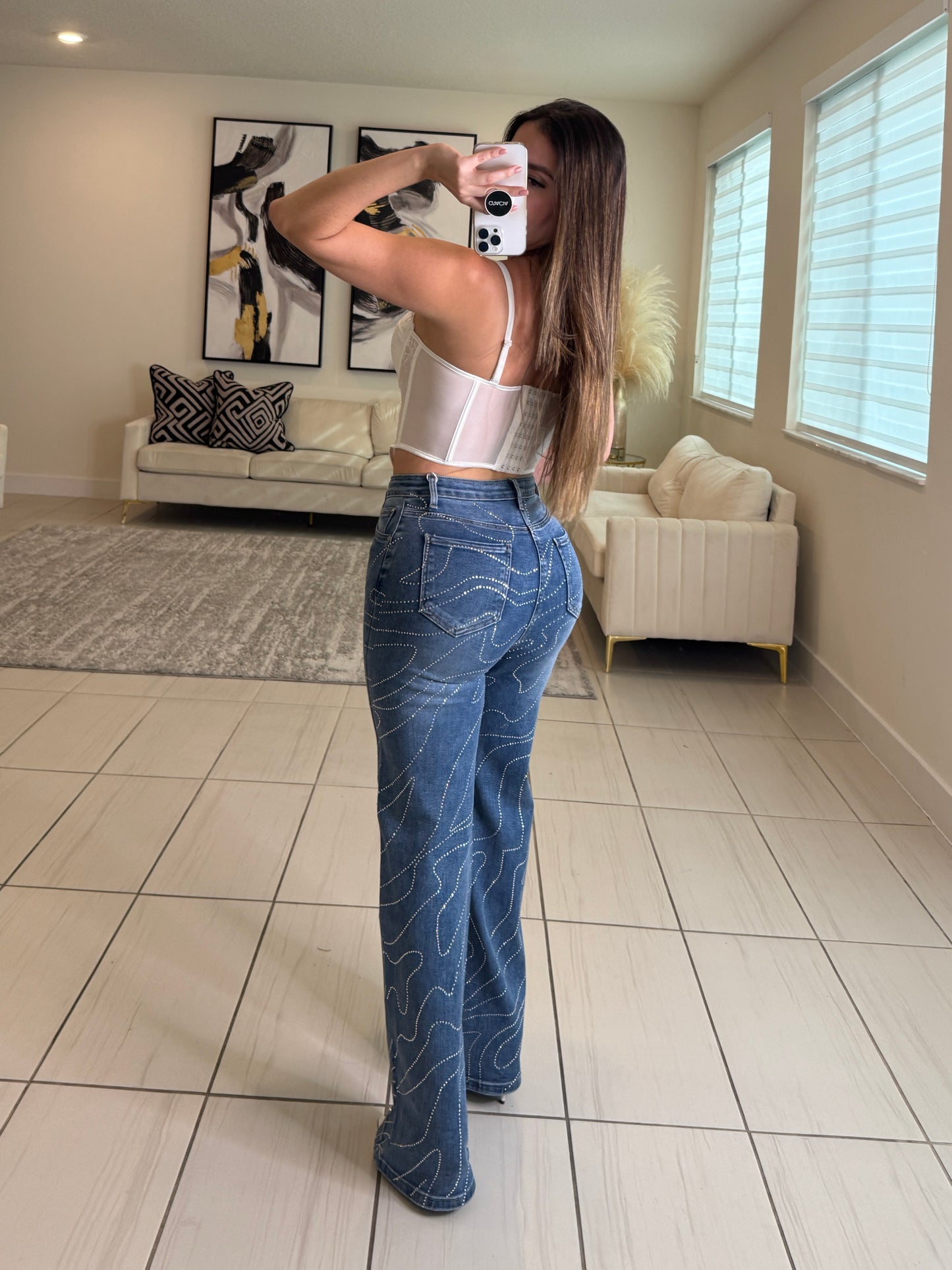 Femme Rhinestones Lines Denim Pants