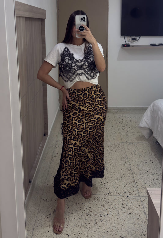 Leopard With Black Lace Midi Skirt