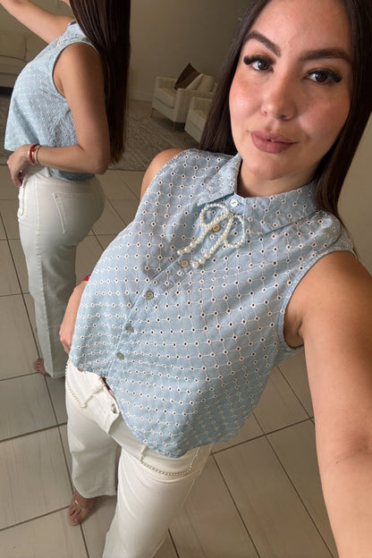 Pearls Bow Light Blue Top