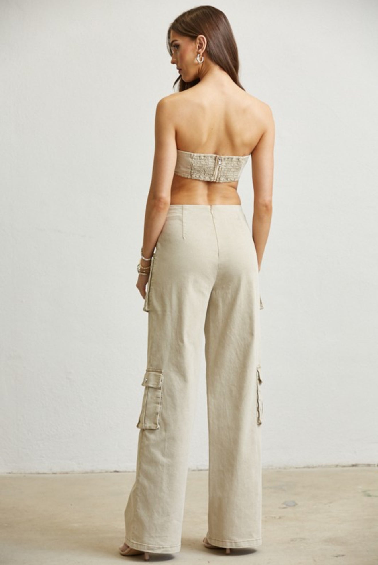 Buckle Motif Denim Cargo Beige Pants Set