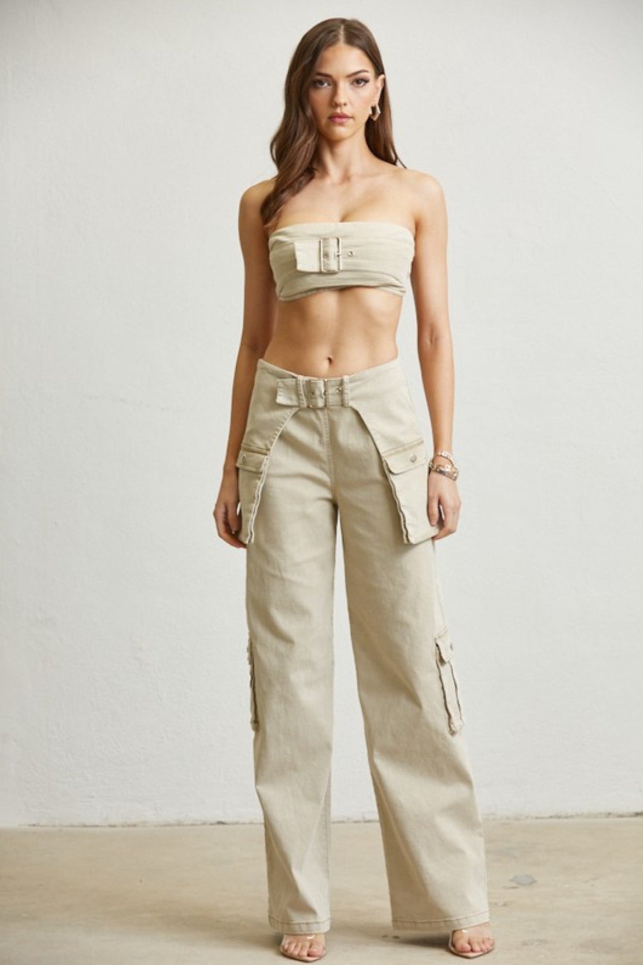 Buckle Motif Denim Cargo Beige Pants Set