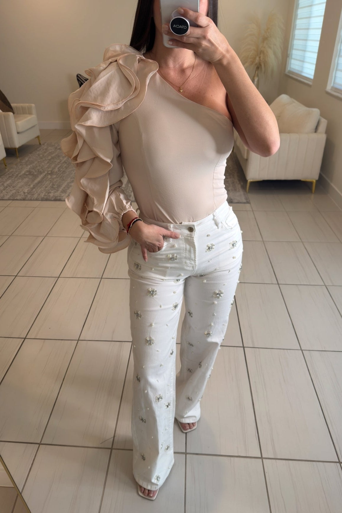 Ruffles One Shoulder Beige Blouse