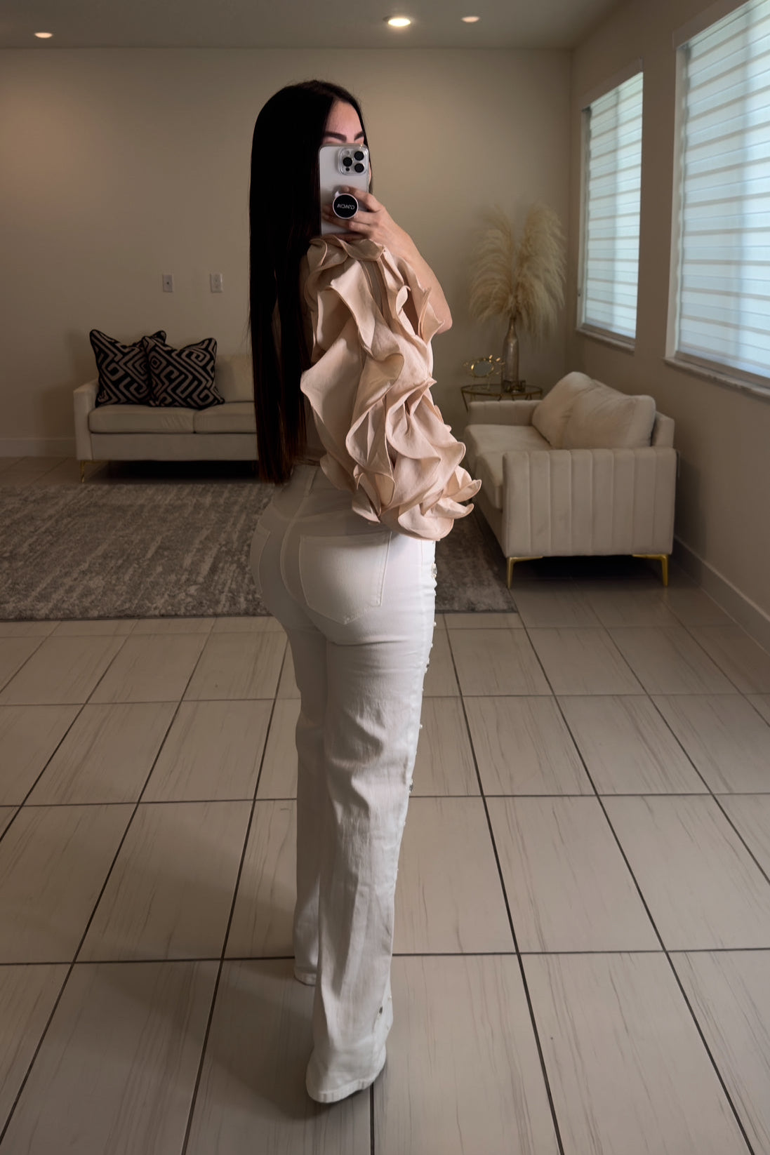Ruffles One Shoulder Beige Blouse
