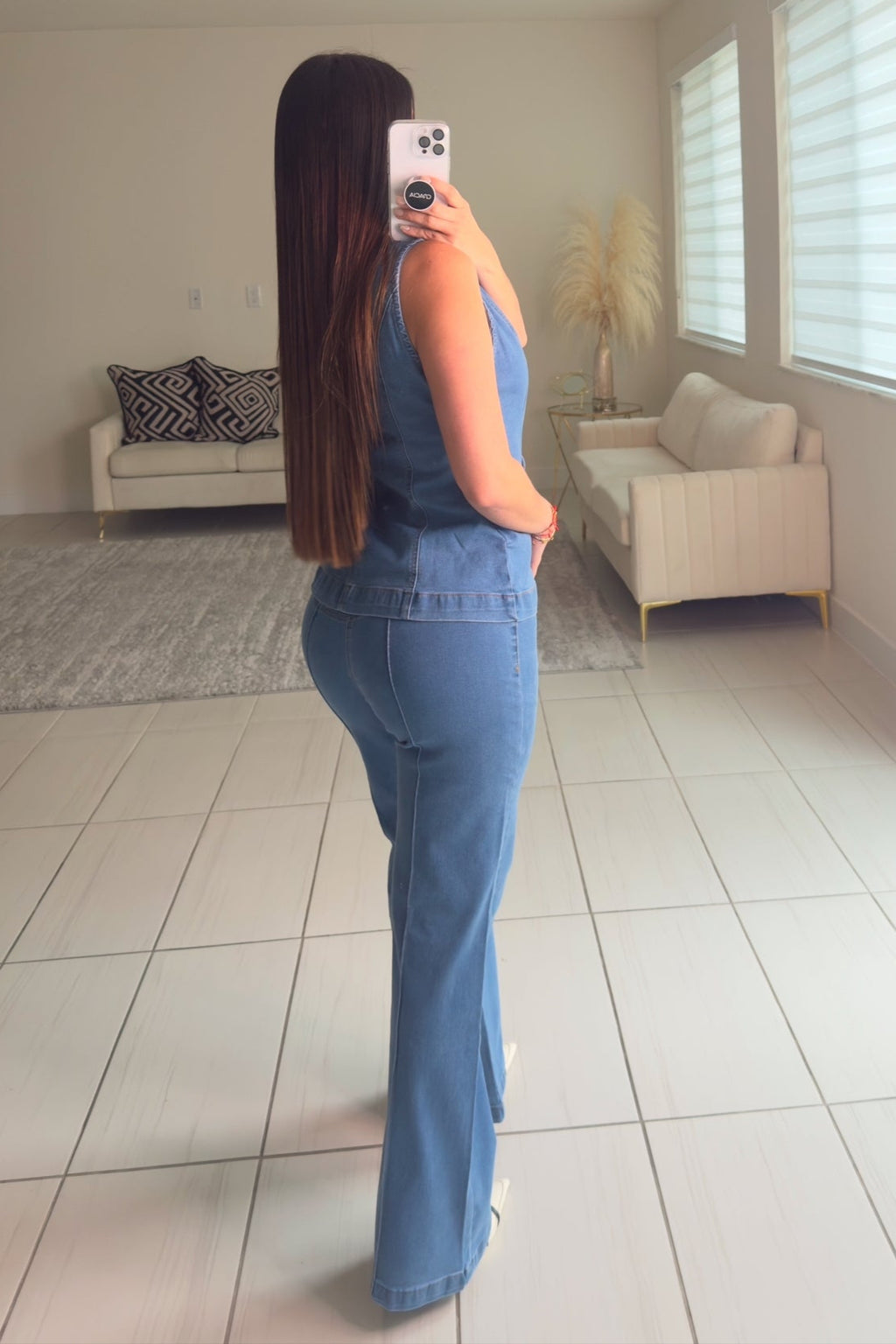 Crewneck Long Line Stretch Denim Pants Set