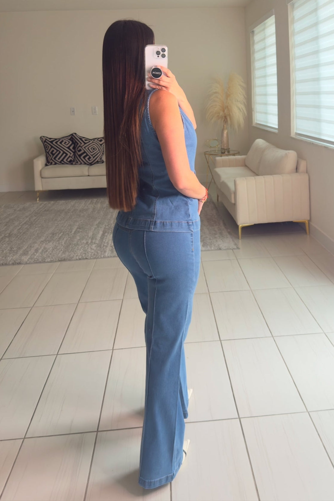 Crewneck Long Line Stretch Denim Pants Set