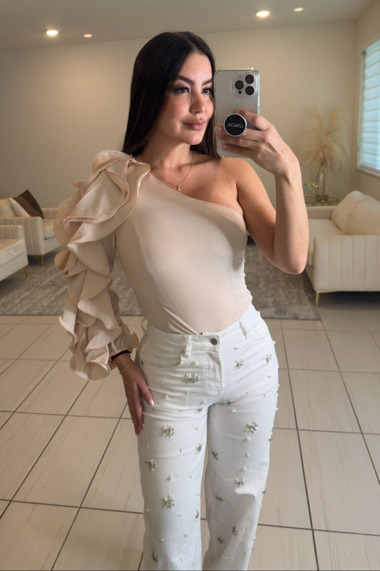 Ruffles One Shoulder Beige Blouse