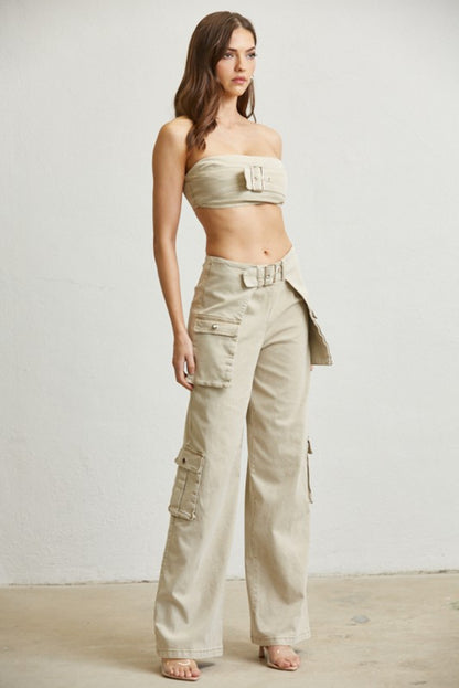 Buckle Motif Denim Cargo Beige Pants Set