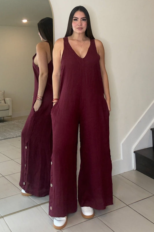 Pia Burgundy Linen Jumpsuit