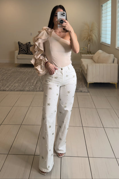 Ruffles One Shoulder Beige Blouse