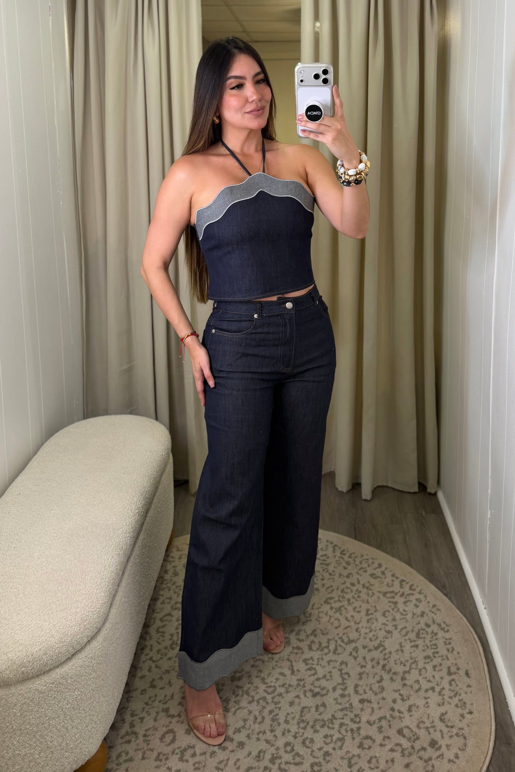 Scalloped Luxe Denim Pant Set