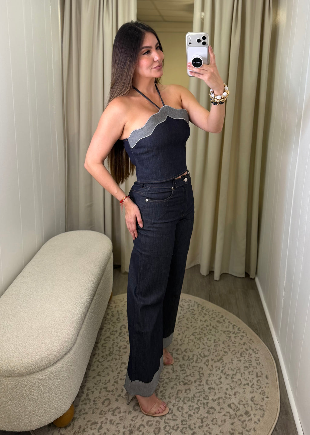 Scalloped Luxe Denim Pant Set