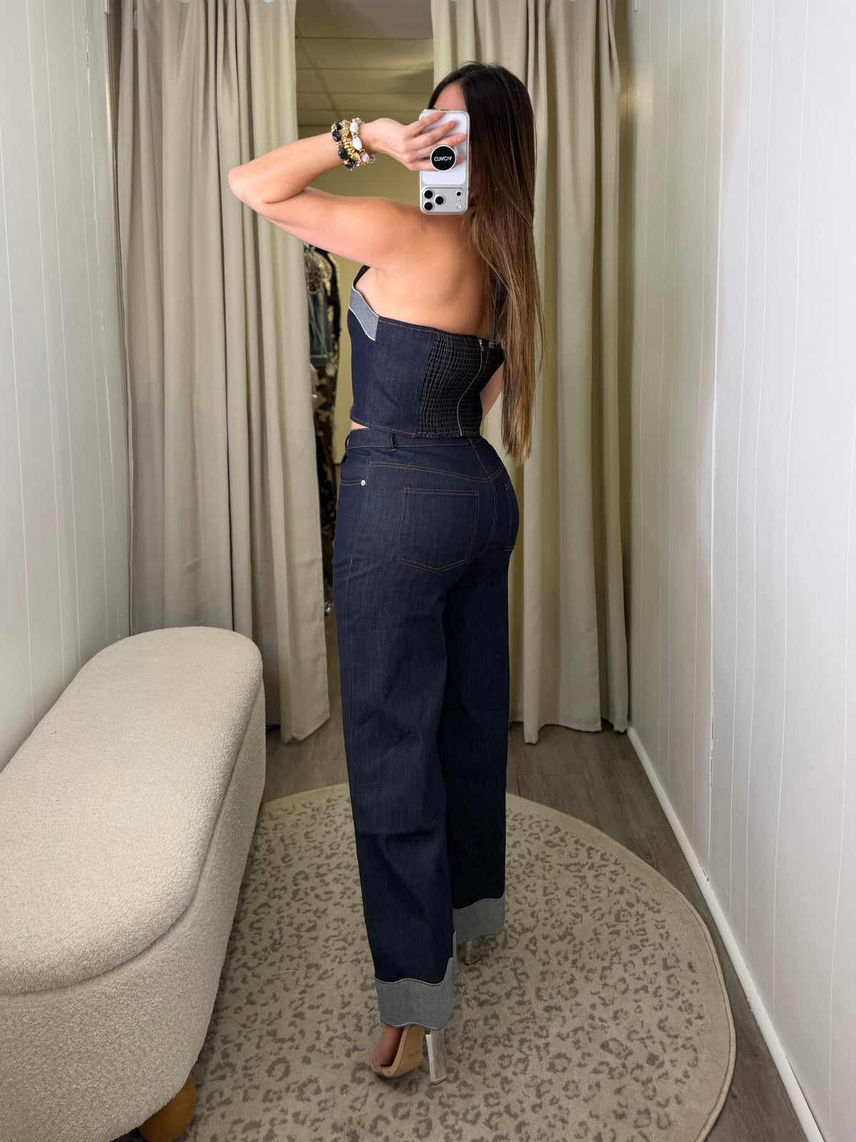 Scalloped Luxe Denim Pant Set