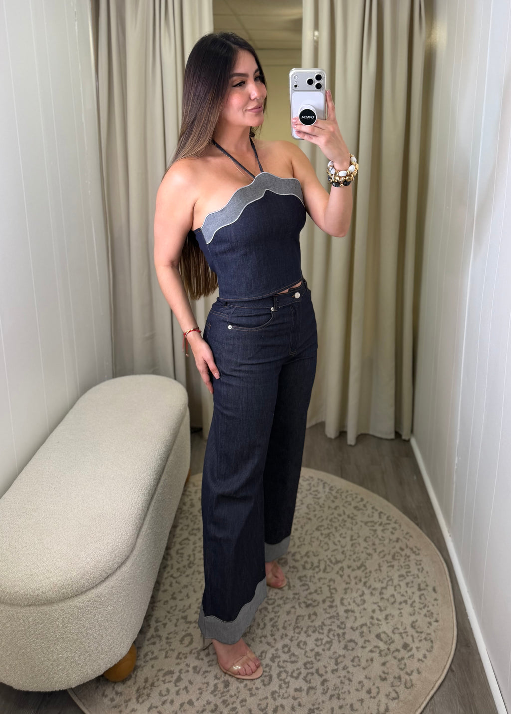 Scalloped Luxe Denim Pant Set