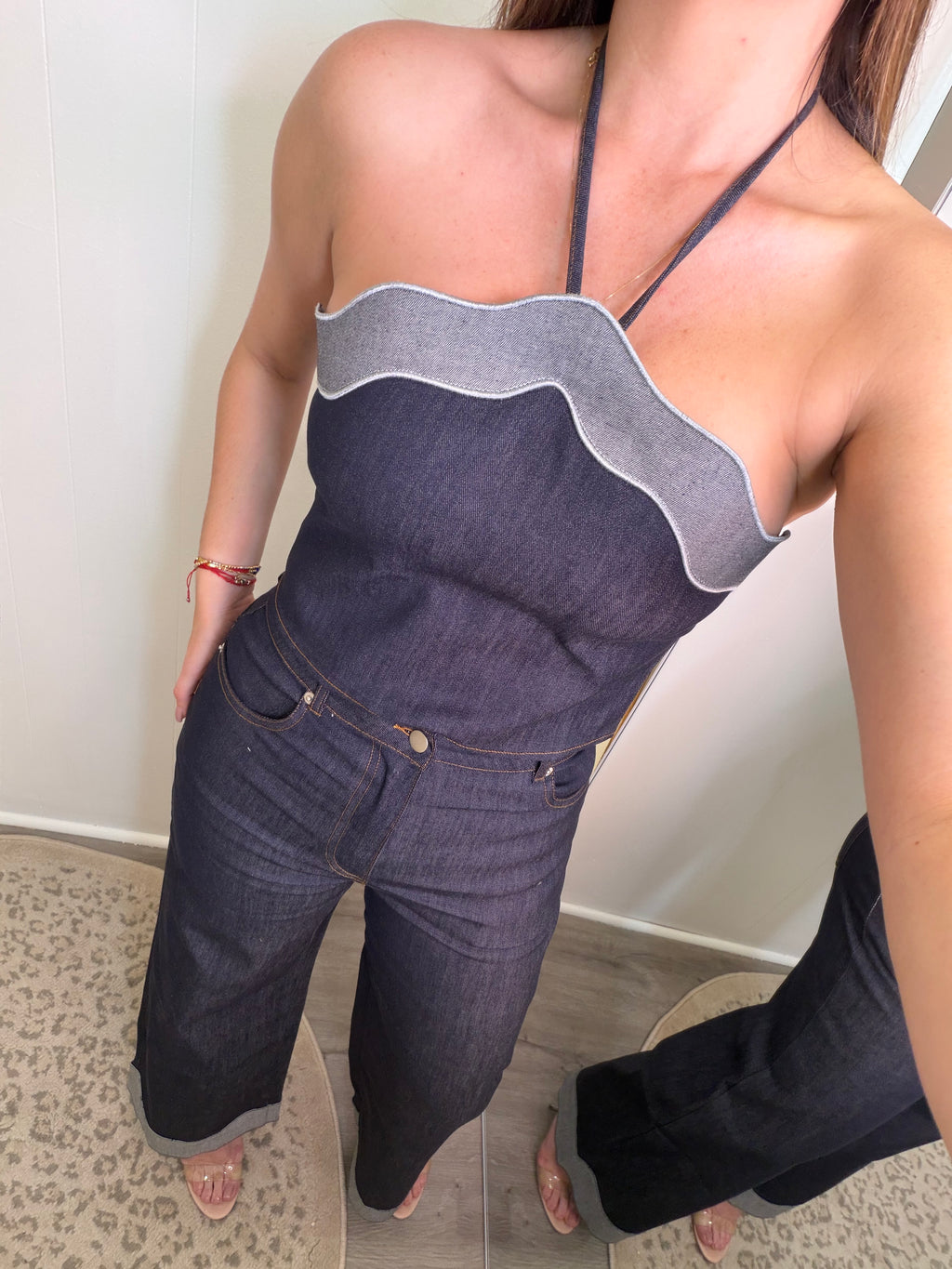 Scalloped Luxe Denim Pant Set
