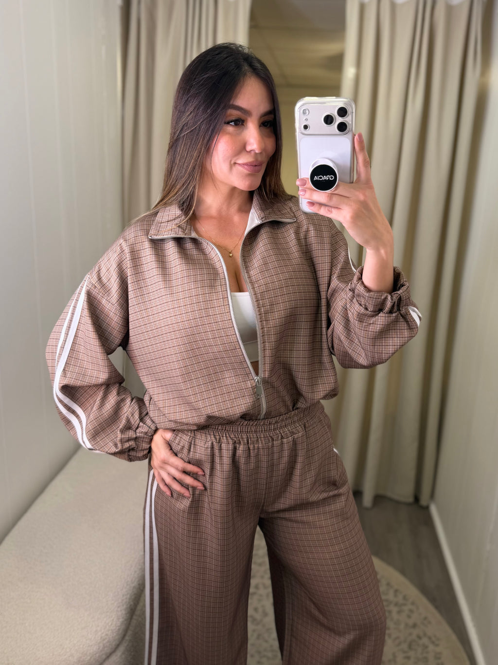 Luxe Plaid Track Mocha Pant Set
