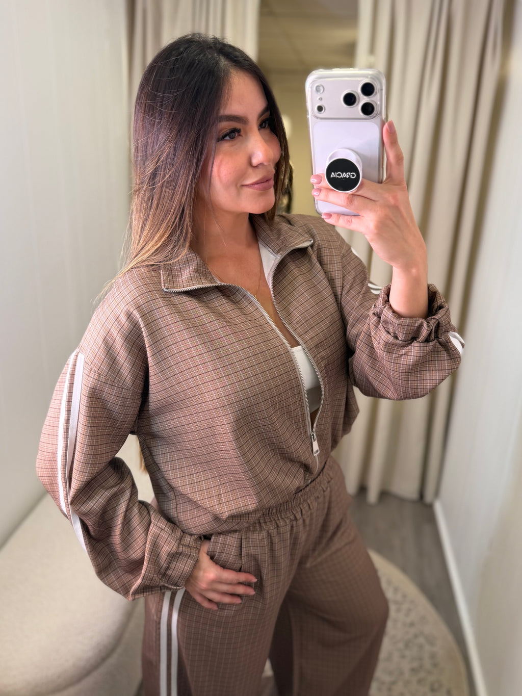 Luxe Plaid Track Mocha Pant Set