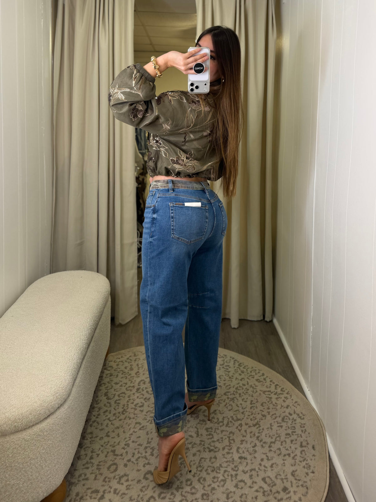Camo Contrast Blue Denim Barrel Pants