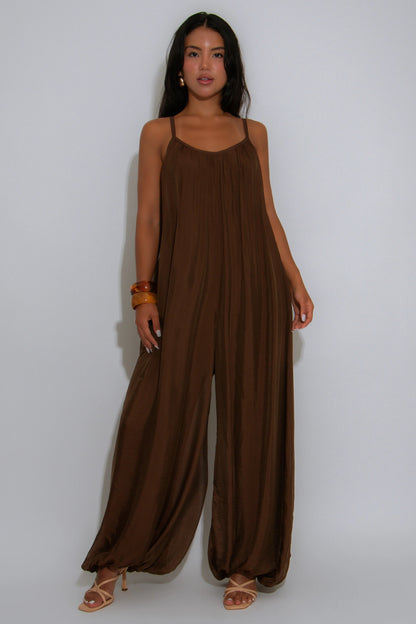 Effortless Essence Ruched Brown Jumpsuit