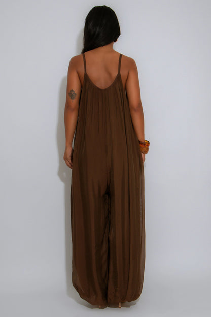 Effortless Essence Ruched Brown Jumpsuit