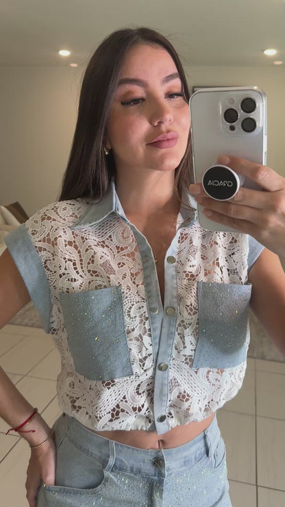 Contrast Embroidery with Shiny Denim Pants Set
